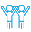 Light blue icon of two people with arms up.