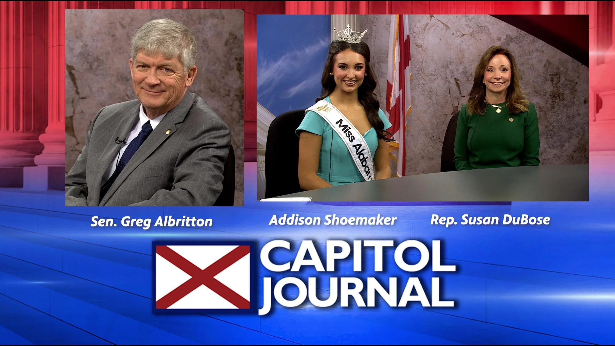 Screenshot of a television news panel featuring Senator Greg Albritton, Miss Alabama Addison Shoemaker, and Representative Susan DuBose, with the Capitol Journal logo at the bottom.