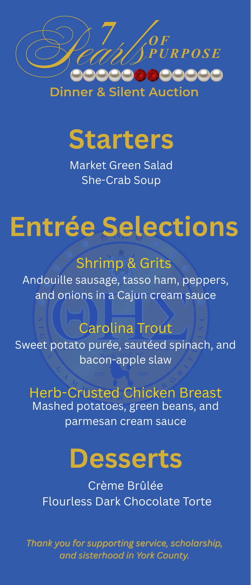 A custom event collateral suite including a dinner menu, sponsorship booklet, and event program — each piece unified through the chapter's royal blue and gold brand identity.