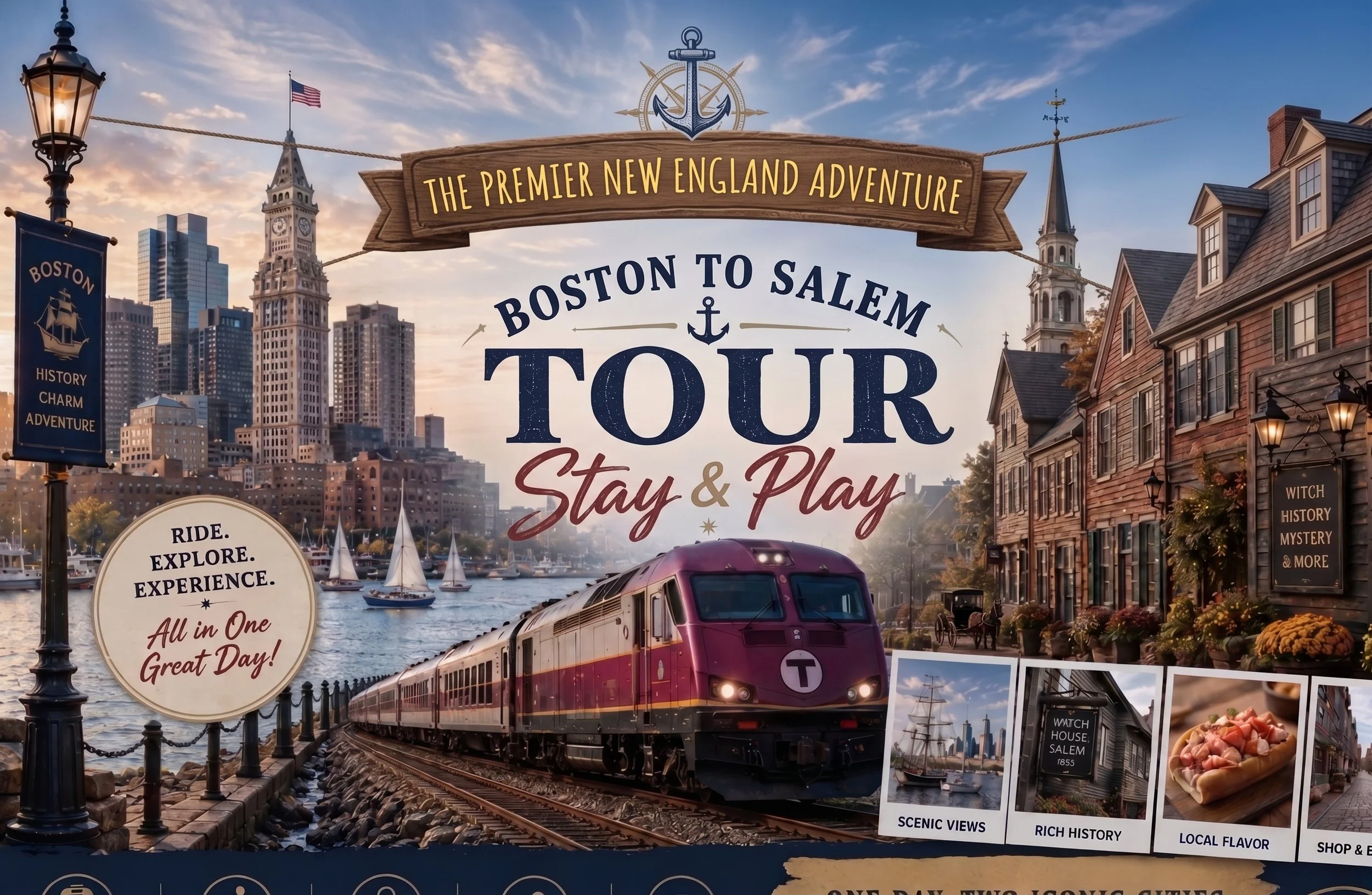 Boston To Salem by Train: Historic Walking Tour: Stay & Play All Day!