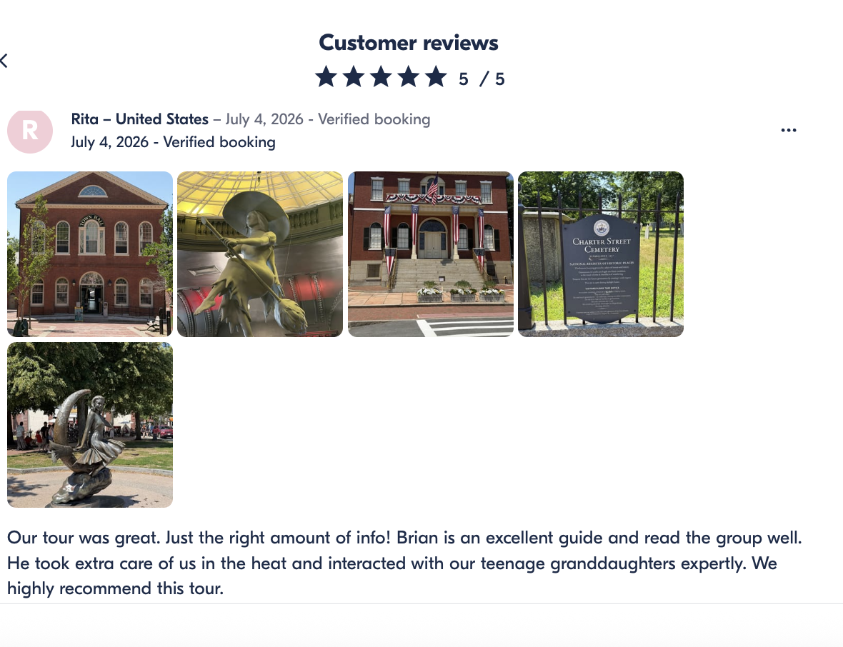 Screenshots of customer reviews for a tour, with five photos including a brick building, a statue of a dog in a yellow umbrella, a historic building with American flags, a cemetery sign, and a statue of a girl on a dolphin