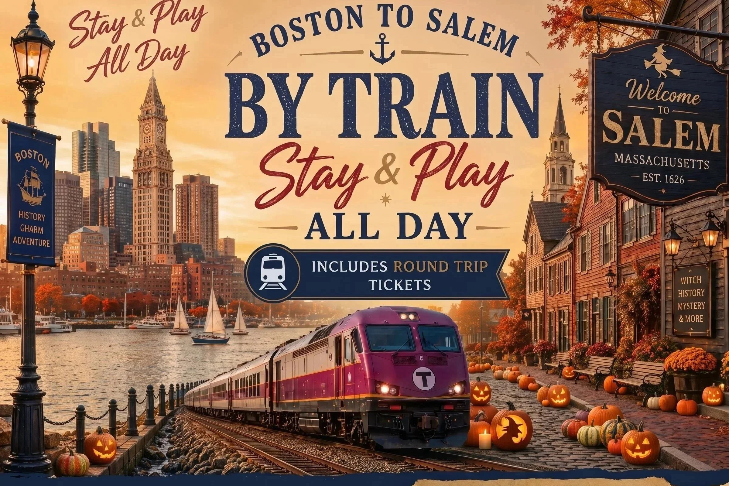Boston To Salem by Train: 400 Yr Anniversary Tour: Stay & Play All Day!