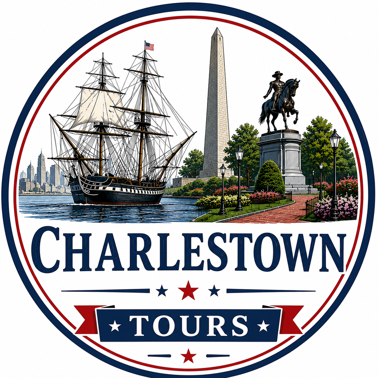 Charlestown Tours featuring a historic sailing ship, the Bunker Hill Monument, and a statue of a person on horseback surrounded by trees and flowers in a park setting.