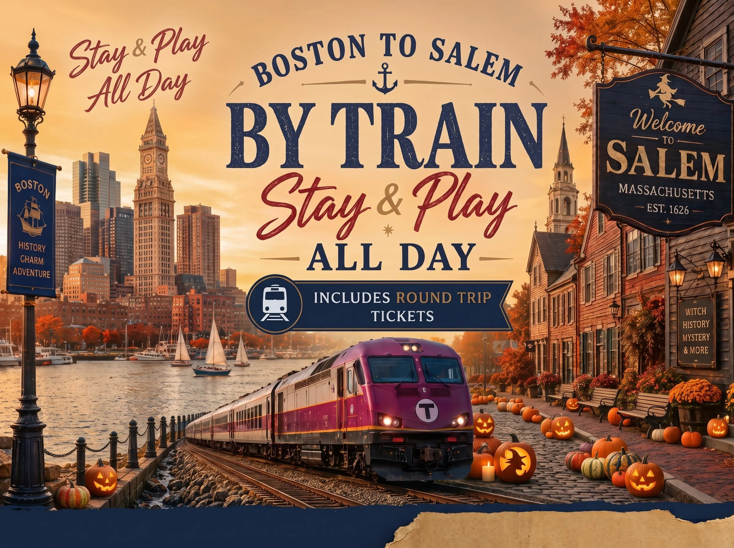 Boston To Salem by Train: 400 Year Anniversary Tour: Stay & Play All Day!