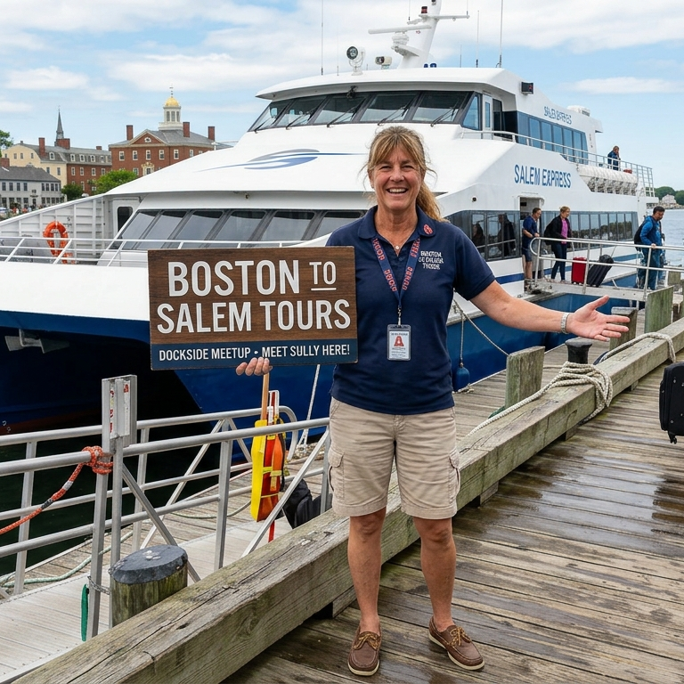 A woman standing on a dock next to a boat, smiling, holding a sign that reads "Boston to Salem Tours" with additional text "Dockside Meetup - Meet Sully Here!"