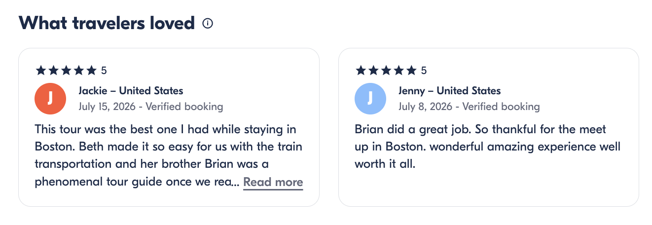 Customer reviews for a guided tour in Boston, featuring two five-star ratings with comments praising the tour experience and guides.