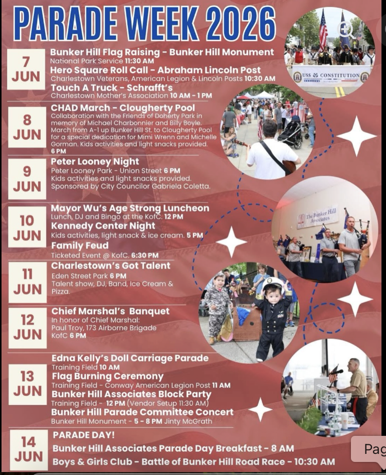 Schedule of events for Parade Week 2026, including flag raising, veterans' call, touching a truck, marches, family activities, talent shows, a banquet, a parade, and a race, with dates from June 7 to June 14.