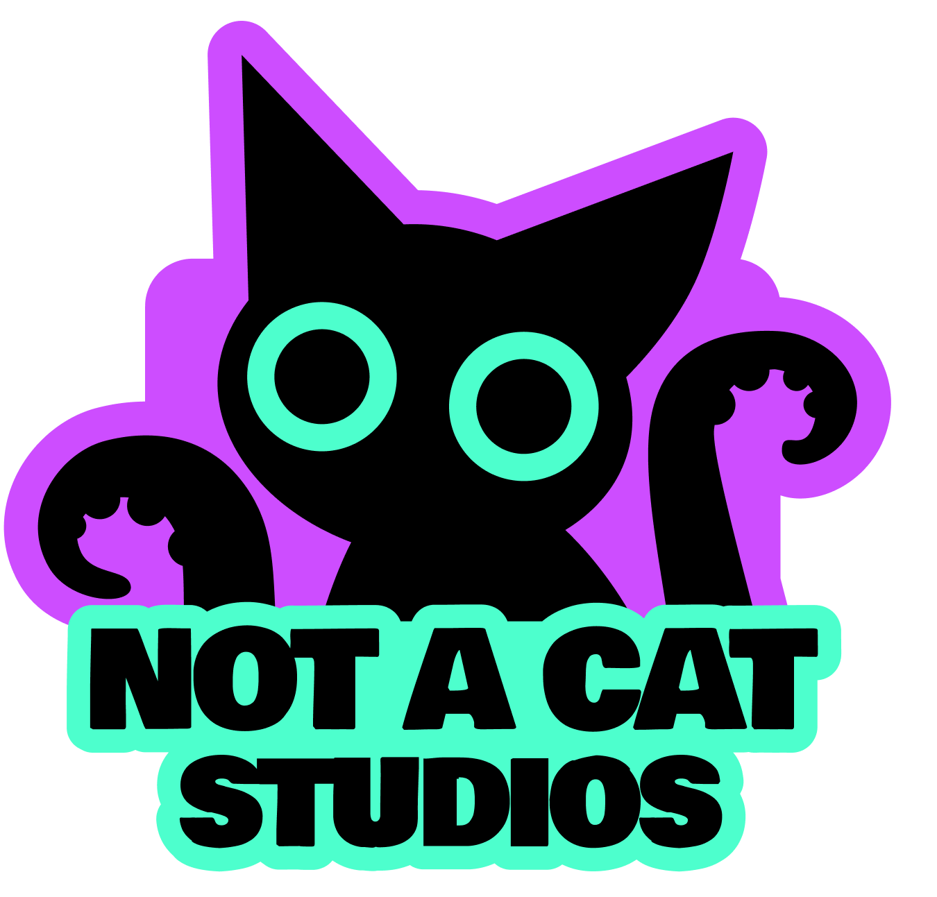 Neon-style graphic of a black cat with large teal eyes, purple outline, and swirling tail, with text below reading "Not a Cat Studios."