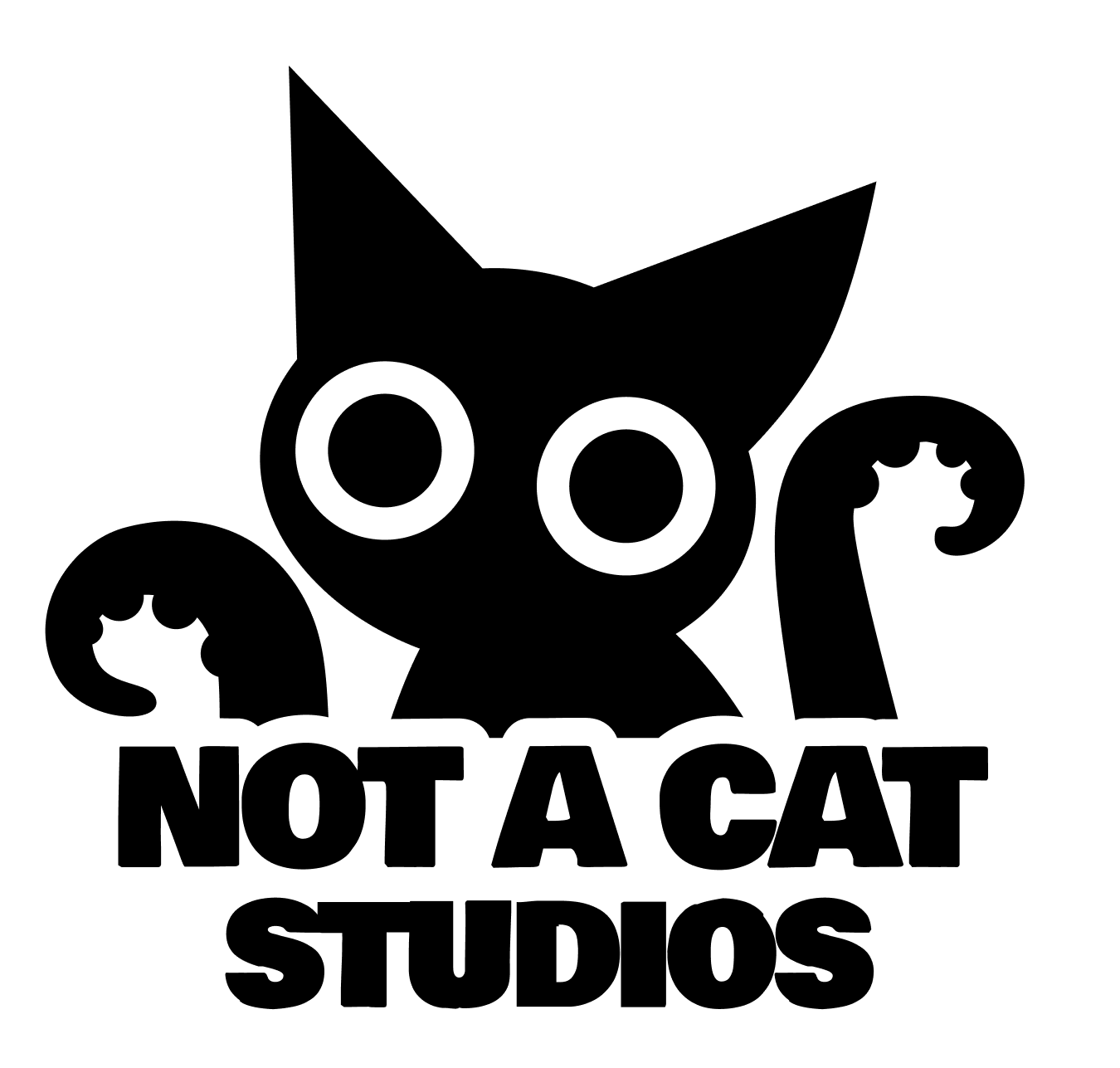 Black and white graphic of a stylized cat with large eyes, surrounded by two curled cat tails, with the text "Not a Cat Studios" underneath.