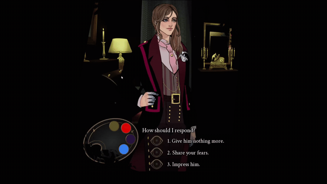 An illustrated woman with brown hair in a dark room responds to a question with three options, surrounded by a painter's palette and a dark decor background.