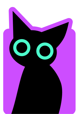 A stylized black cat figure with large circular eyes, set against a purple background.