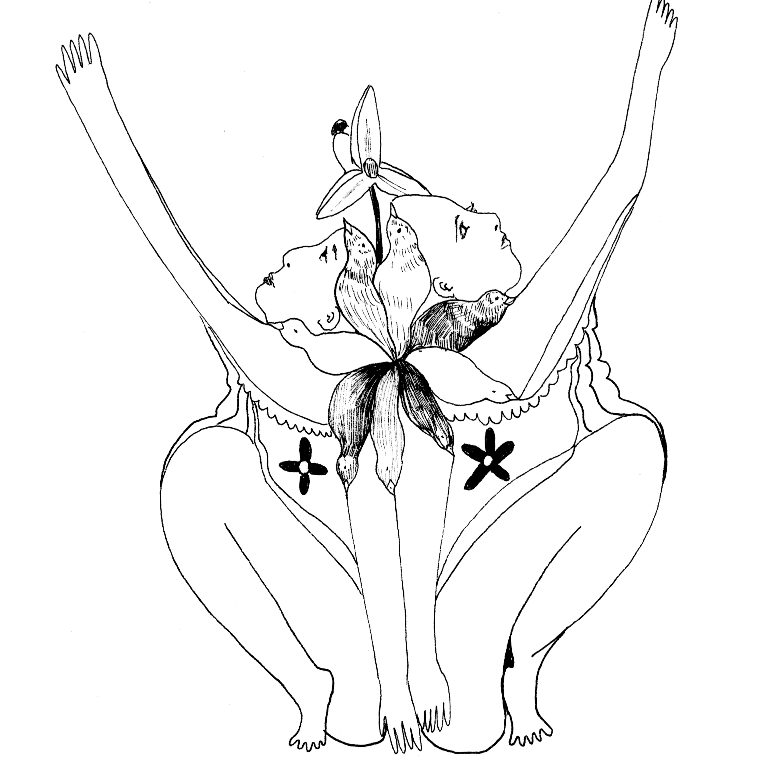 Line drawing of a woman with her arms raised, with a large flower and two baby faces emerging from her head, and tattoo-like flowers on her chest and knees.