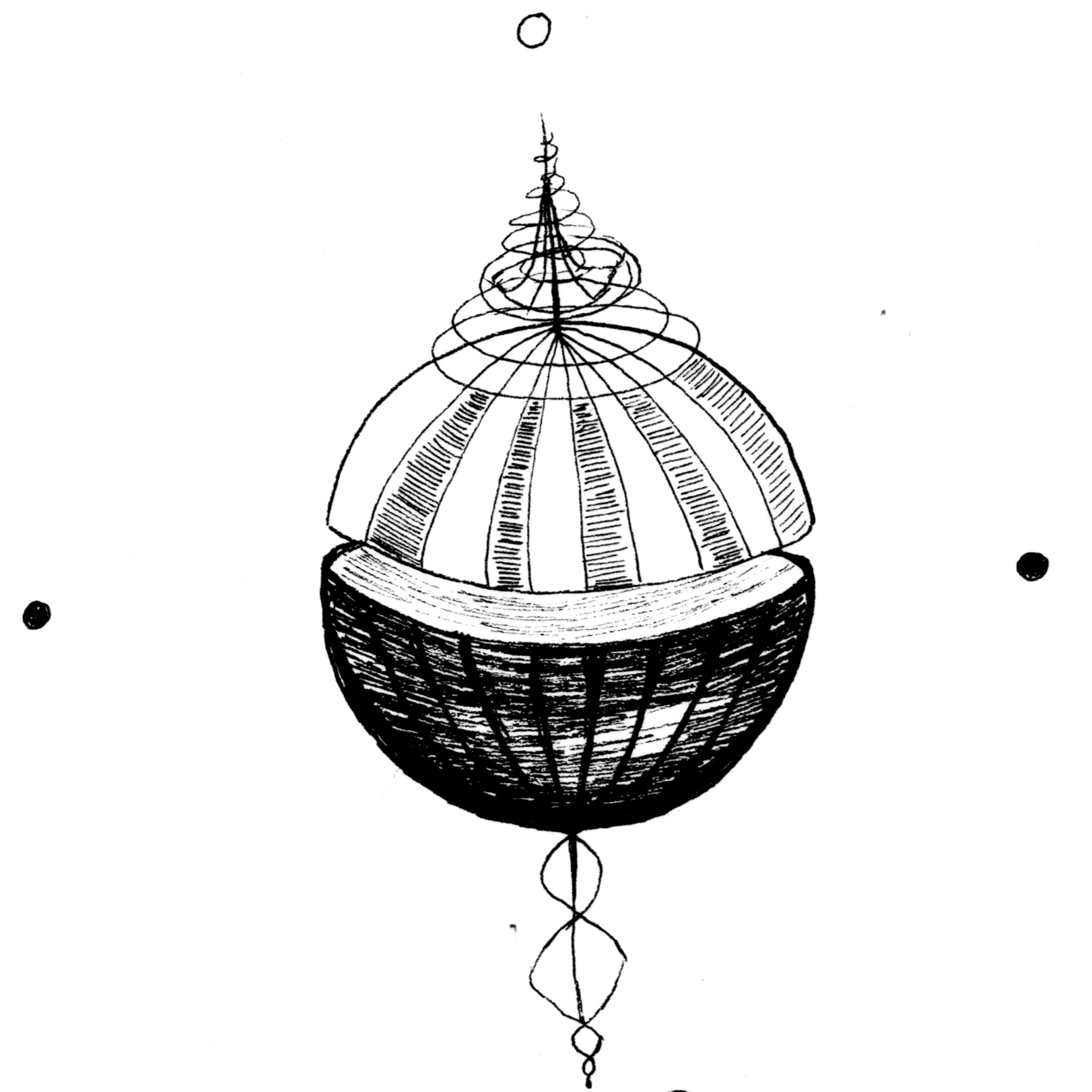 Black and white drawing of a celestial ornament with sphere shapes, lines, and geometric patterns, with small dots around it.