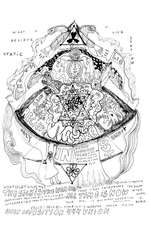 A detailed black-and-white drawing with various abstract and symbolic elements, including words like "lie," "live," "static," and "truth." The illustration features faces, hands, a clock, a star, and a person sitting, with the central theme revolving
