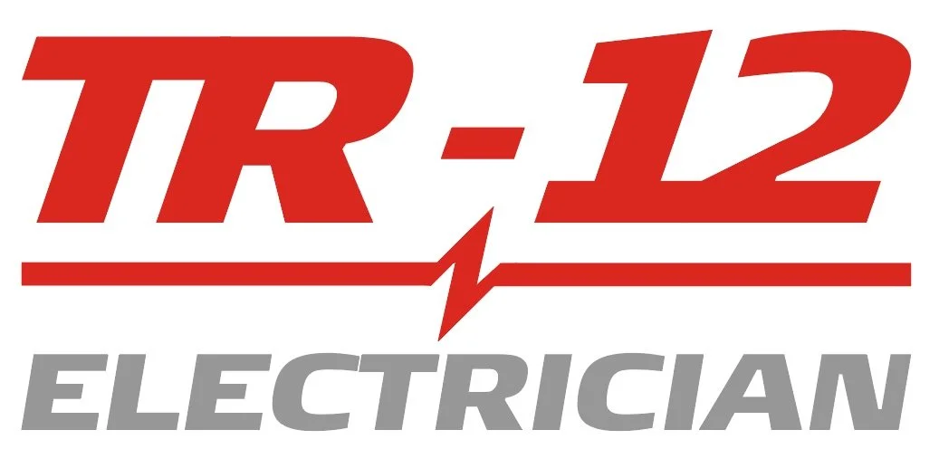 Logo for TR-12 Electrician, featuring red text 'TR-12' with a lightning bolt design and gray 'ELECTRICIAN' text underneath.