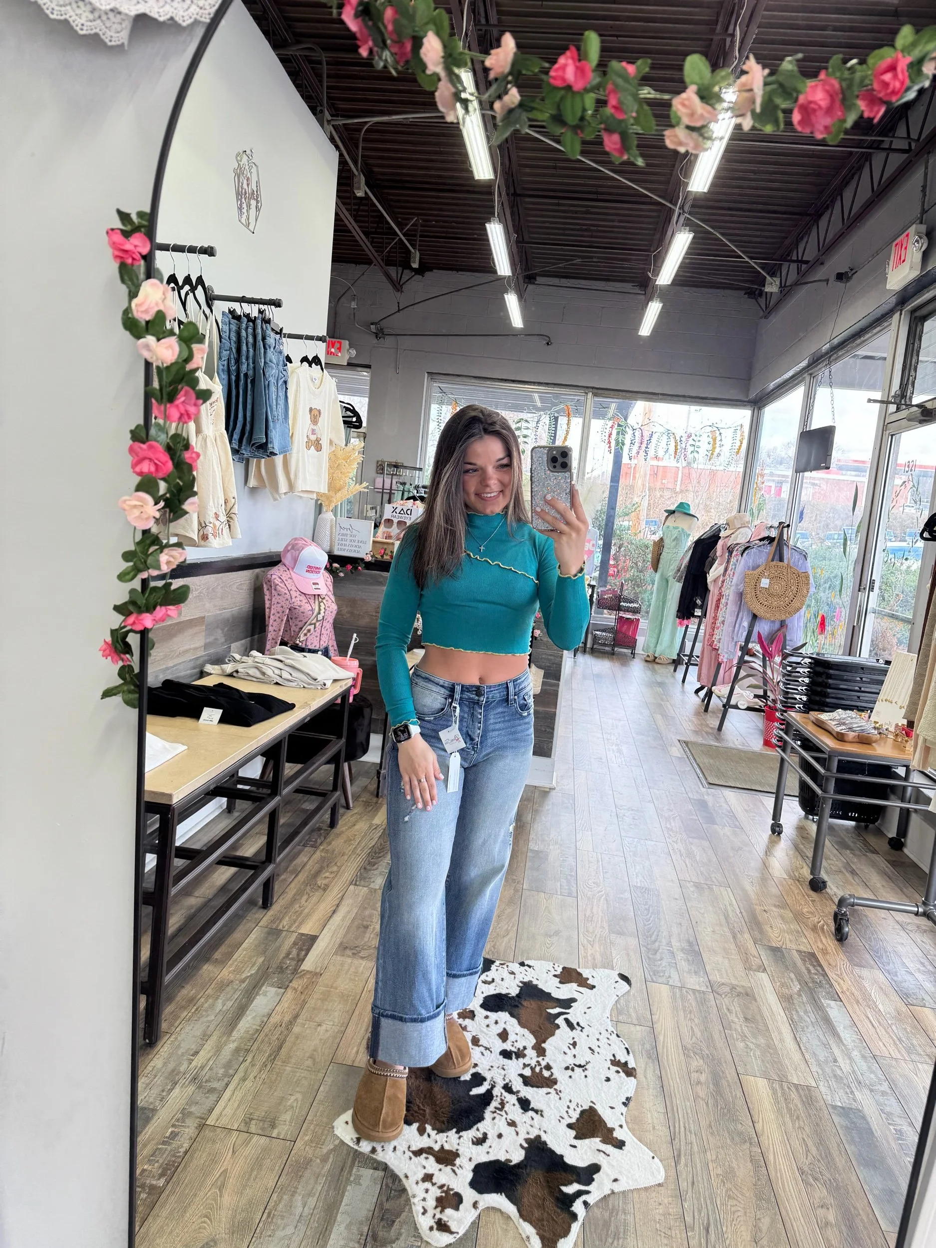 Mock Neck Floral Ribbed Sky Blue Long Sleeve