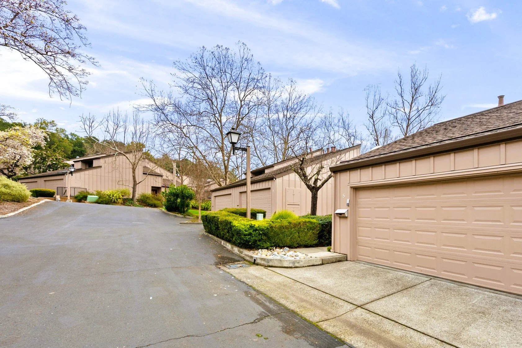 Residential neighborhood with beige townhouses, leafless trees, a curved asphalt road, and a sidewalk with bushes and a lamp post under a partly cloudy sky.