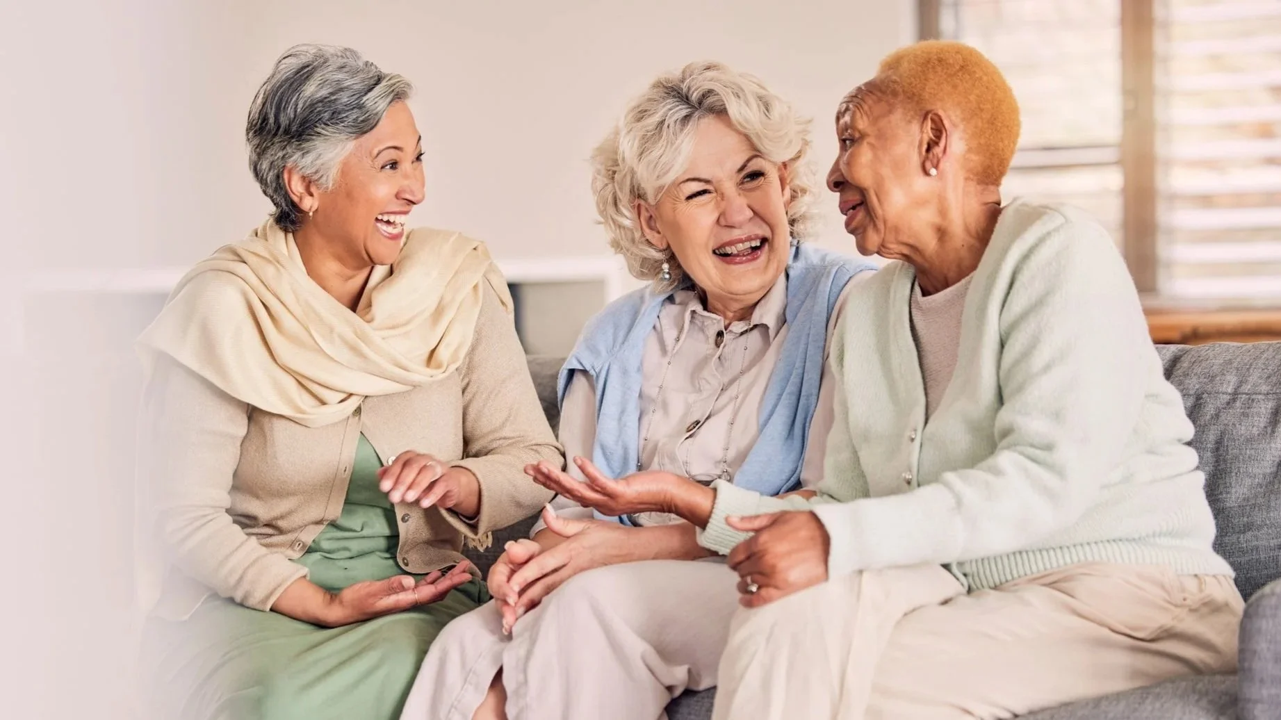 Older adults smiling and enjoying conversation together in a comfortable living room.