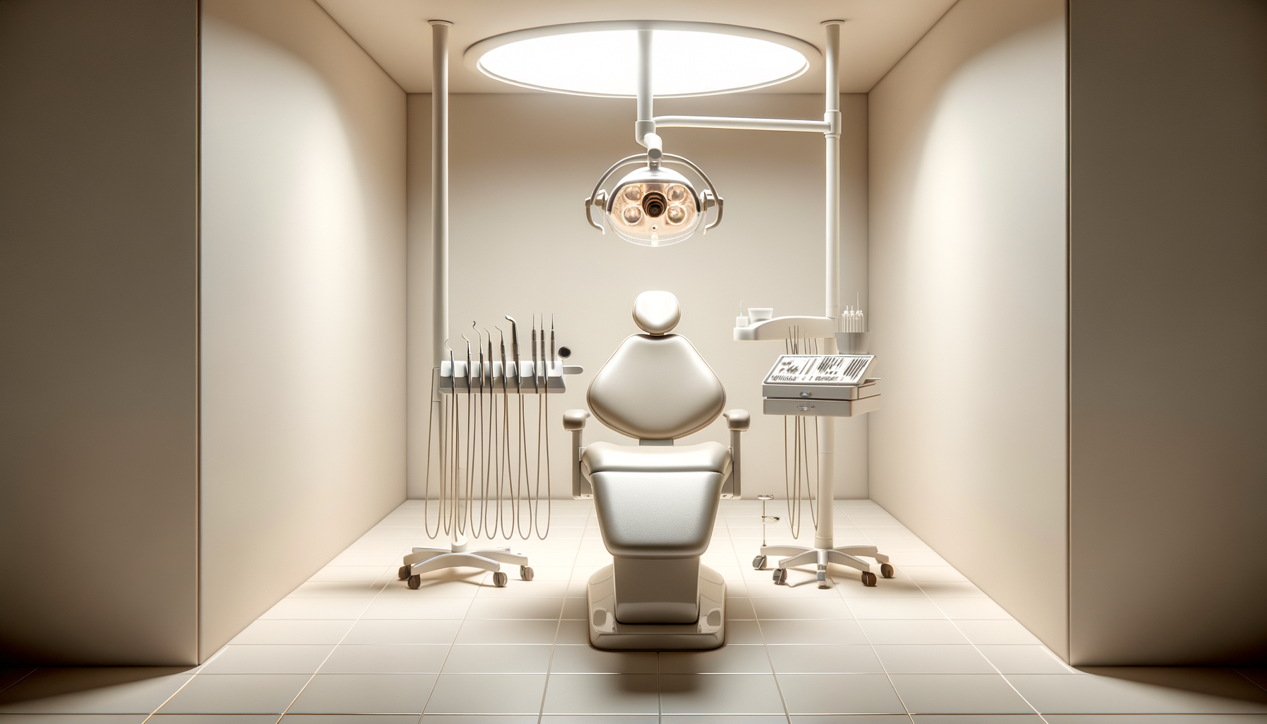 A modern dental treatment room with a dental chair in the center, surrounded by dental tools on stands and carts, under overhead lighting.