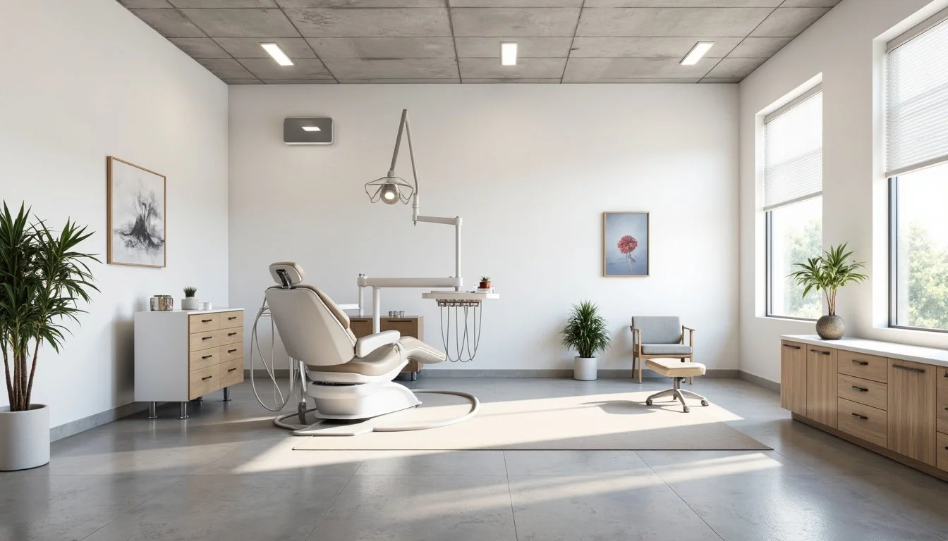 A clean dental examination room with a reclining dental chair, dental light, and various cabinets and plants.