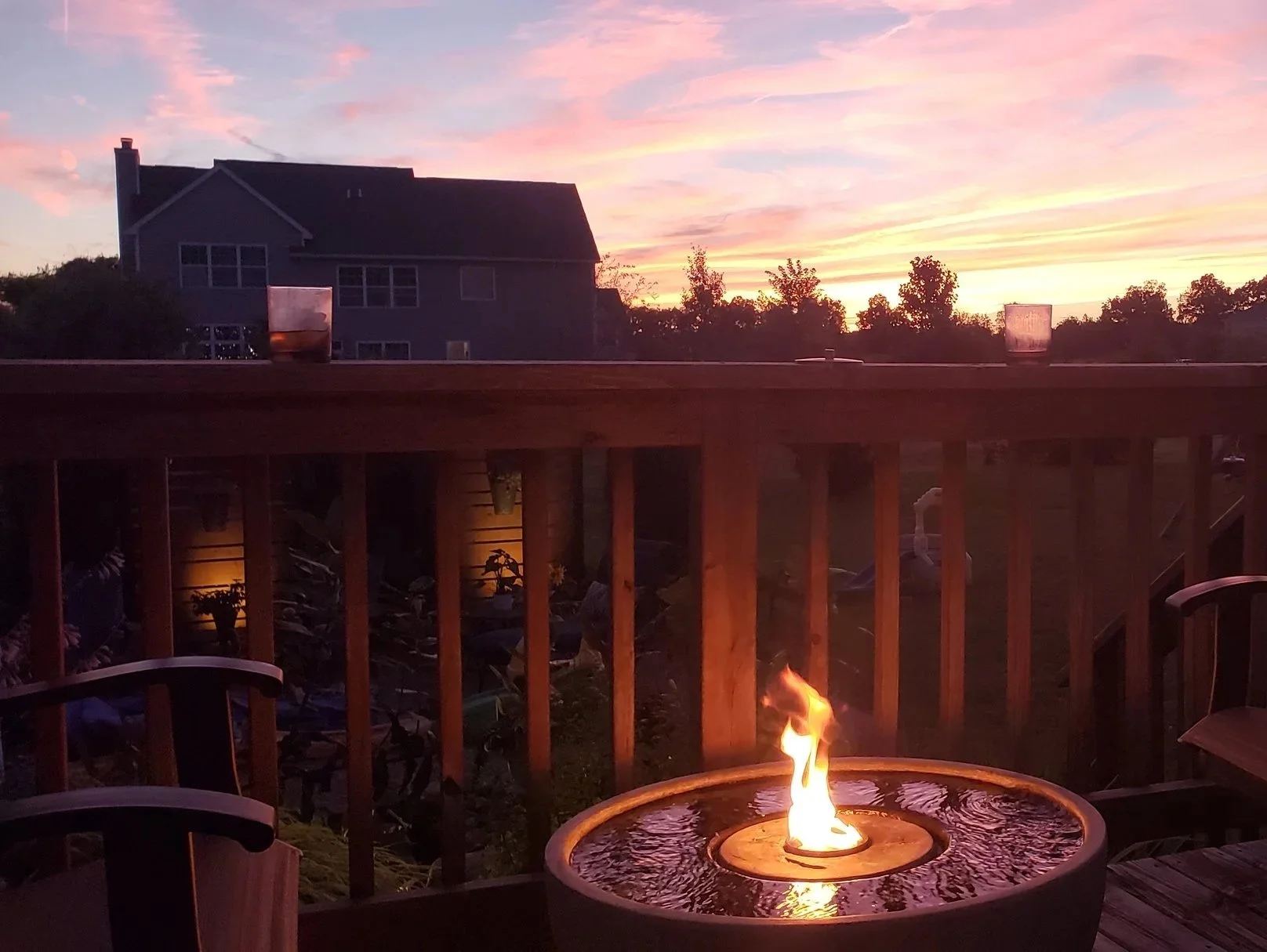 Water feature bowl with fire and sunset. 
