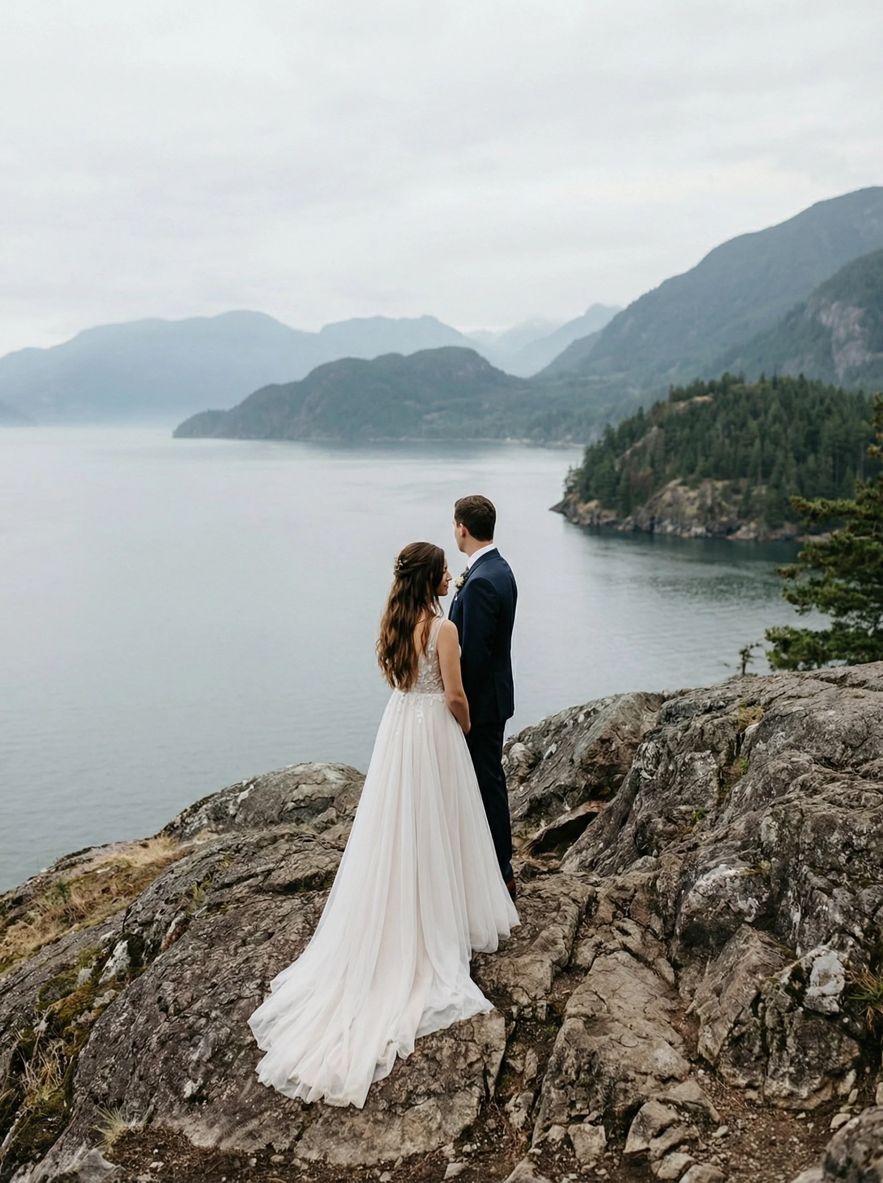 A bride and groom standing on rocks by a lake, with mountains and trees in the background during a cloudy day.