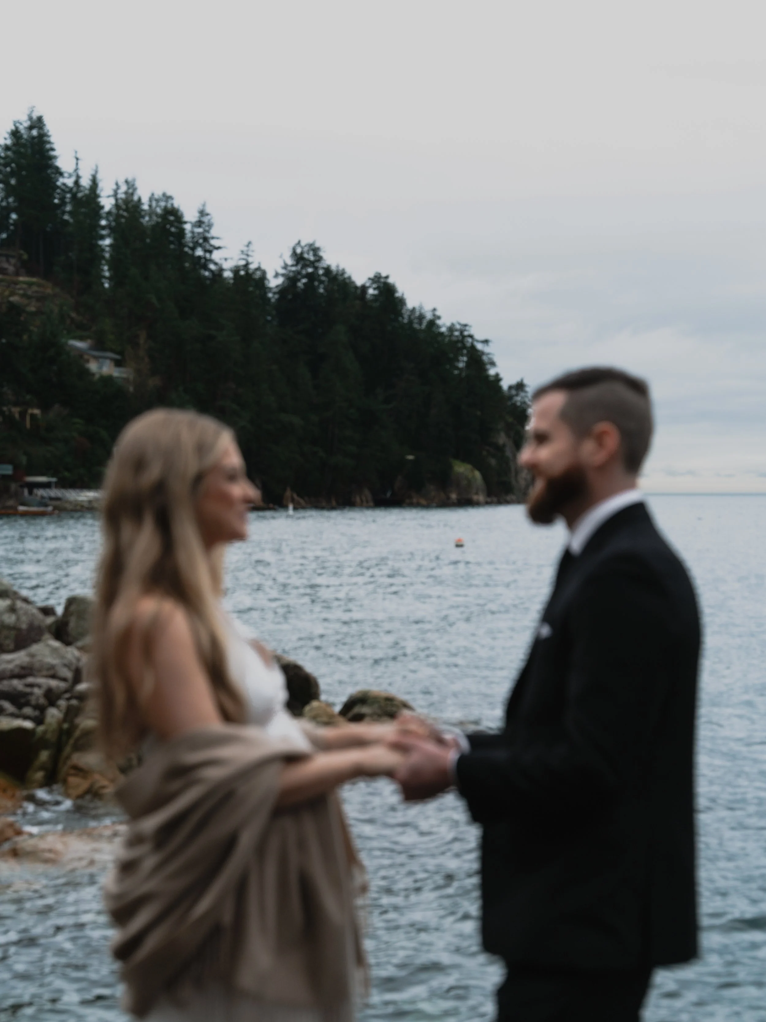 A blurred couple holding hands by the water with a forested coastline in the background.