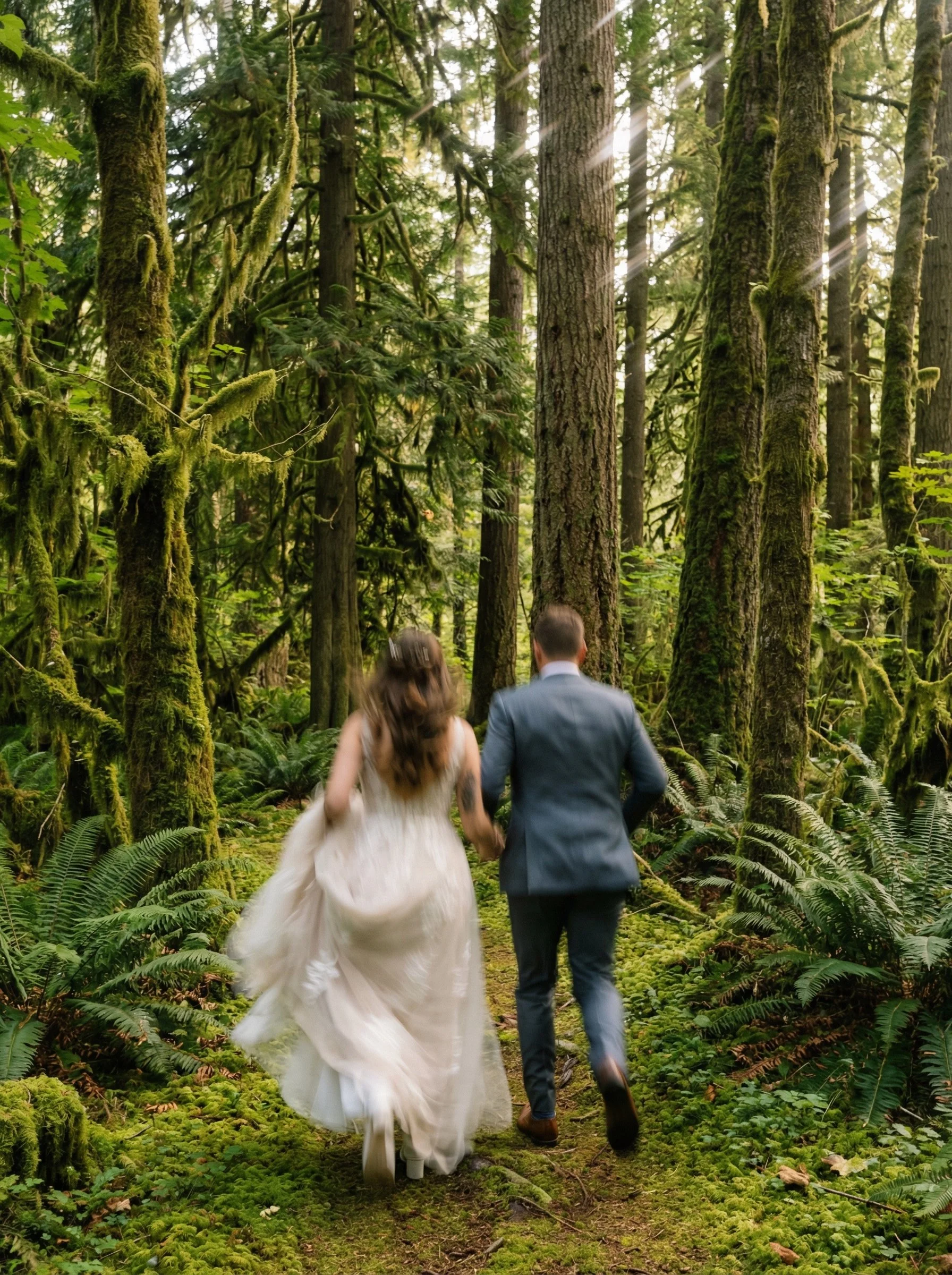 A couple in wedding attire walking hand in hand through a lush, green forest with tall trees and ferns, sunlight filtering through the canopy.