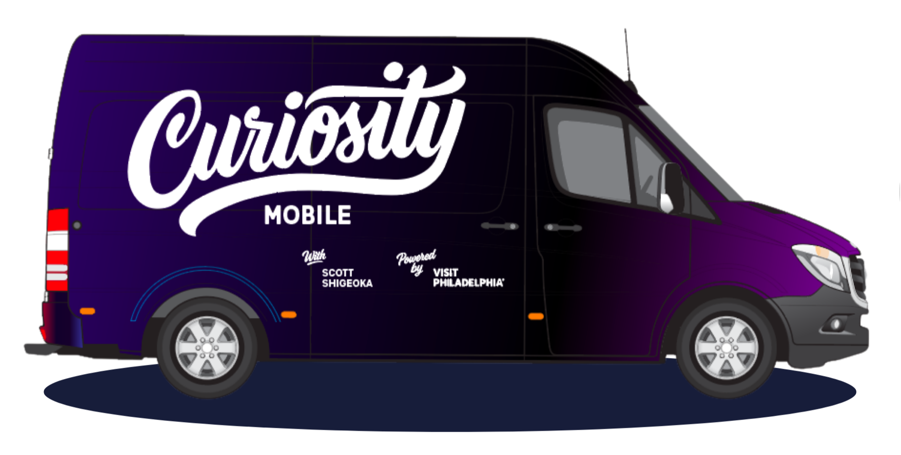 Purple mobile van with 'Curiosity' written in large cursive font, 'Mobile' underneath, and smaller text mentioning Scott Shigeoka and 'Visit Philadelphia'.