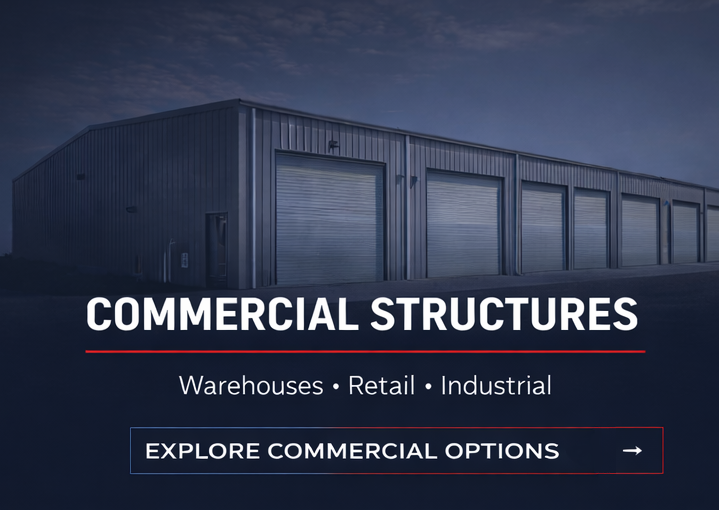 A large commercial warehouse building with multiple roll-up doors, dark gray exterior, under a cloudy sky, with text overlay advertising commercial structures, warehouses, retail, industrial, and an option to explore commercial options.