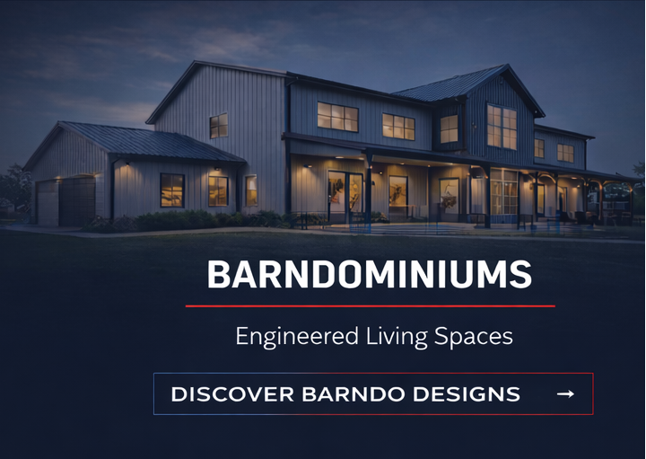 Exterior view of a modern barn-style house with warm lighting, set against a dusk sky, promoting engineered living spaces by Barndo Designs.