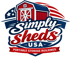 Logo for Simply Sheds USA featuring a red barn, American flag elements, and text promoting portable storage buildings.