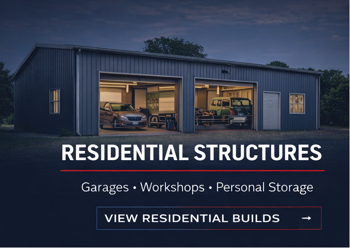 A large metal garage with two open bays showing parked cars inside, set against a dusk sky. Text overlay promotes residential structures, including garages, workshops, and personal storage, with a call to action button for viewing residential builds.