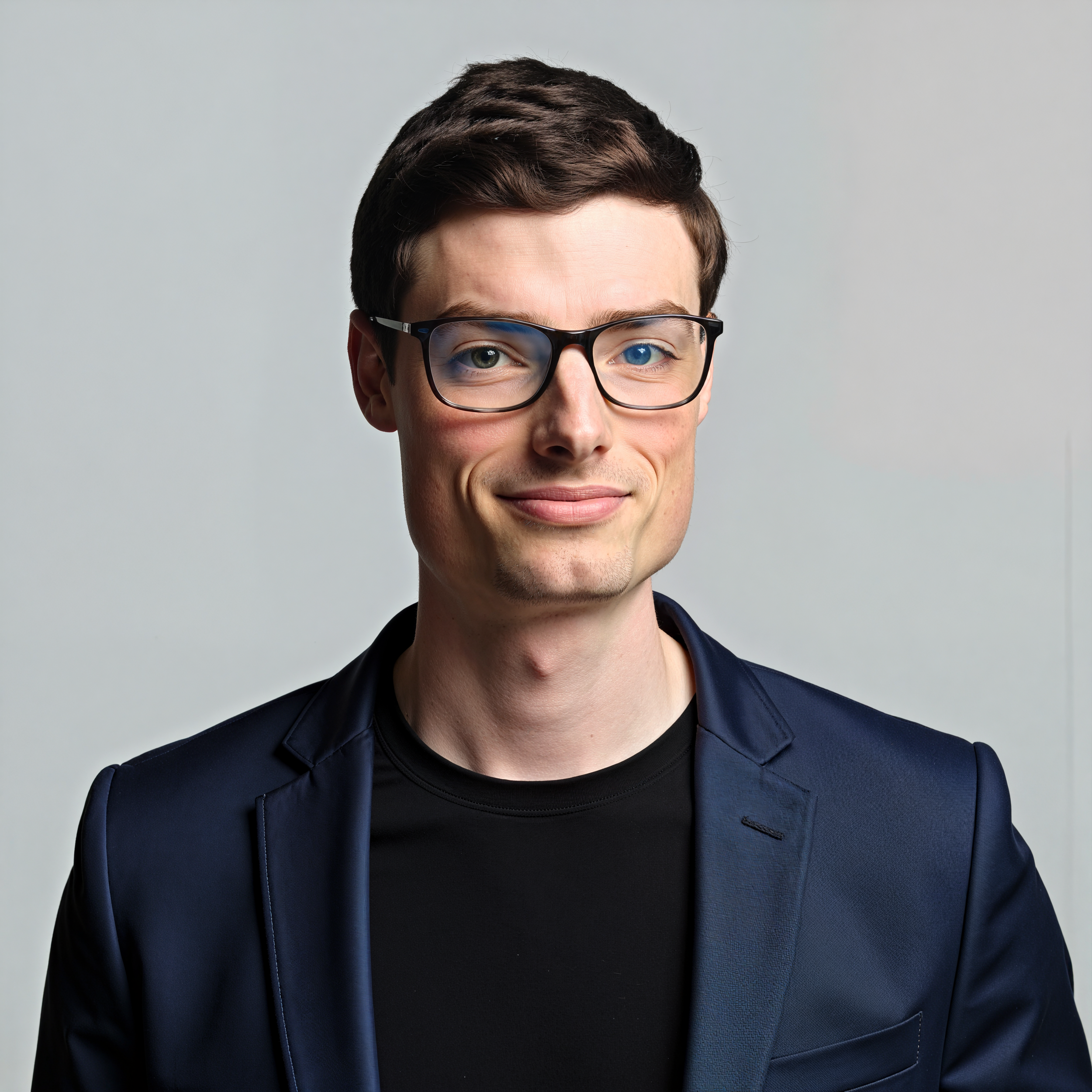 A young man with dark brown hair, wearing black-rimmed glasses, a black t-shirt, and a dark navy blazer, smiling in front of a plain light gray background.