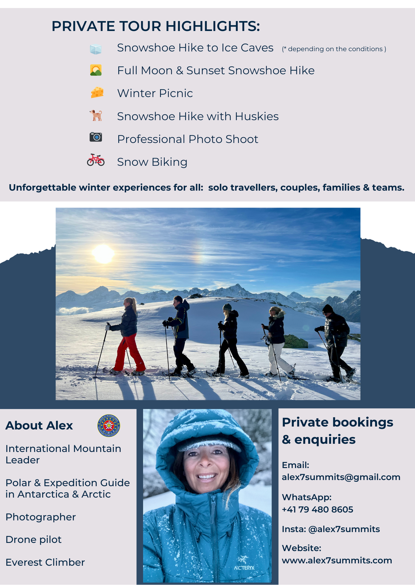 Private guided winter tours in St Moritz 2026 snowshoe tours, ice cave tour, sunset and snowshoeing with huskies in St. Moritz in the Swiss Alps and contact information