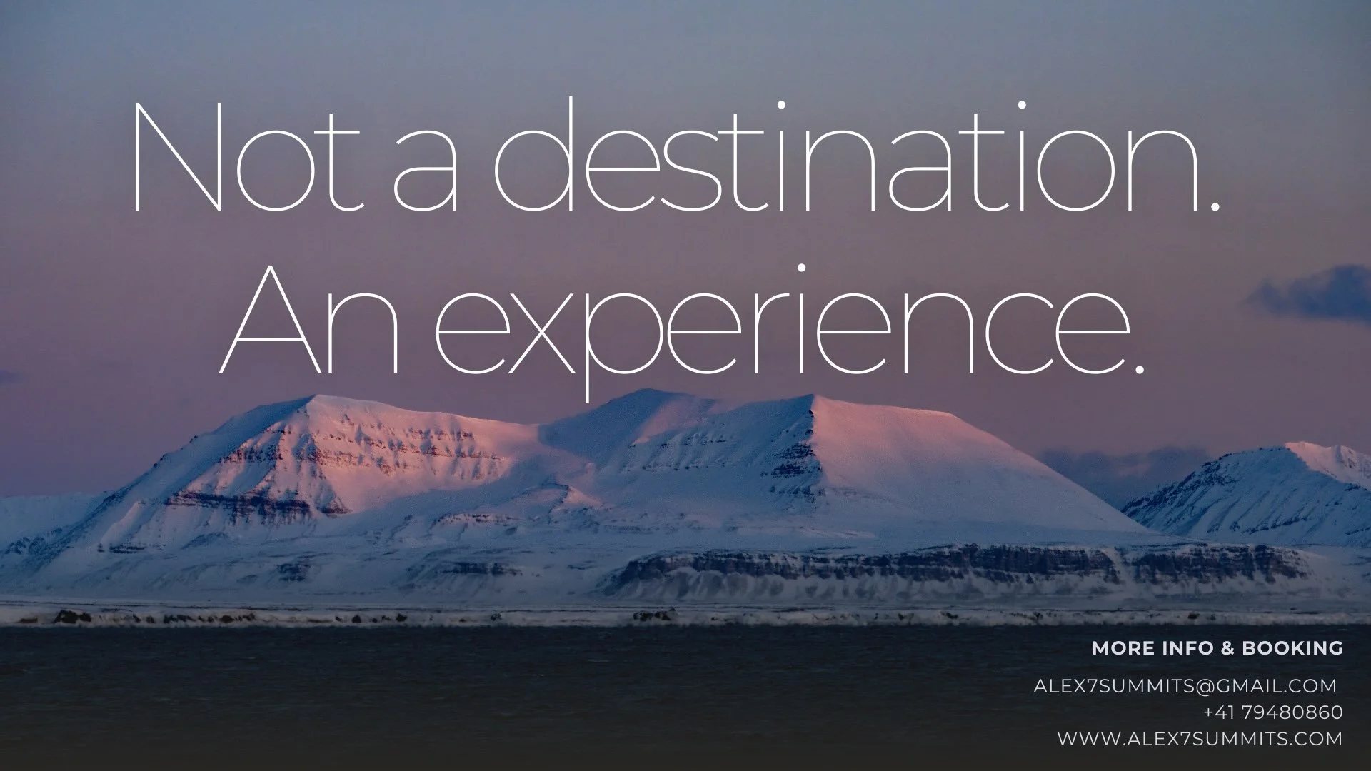 Svalbard Arctic Flyer page 12 a beautiful final image of spring Svalbard mountains during sunset, with the motto: Not a destination. An experience.