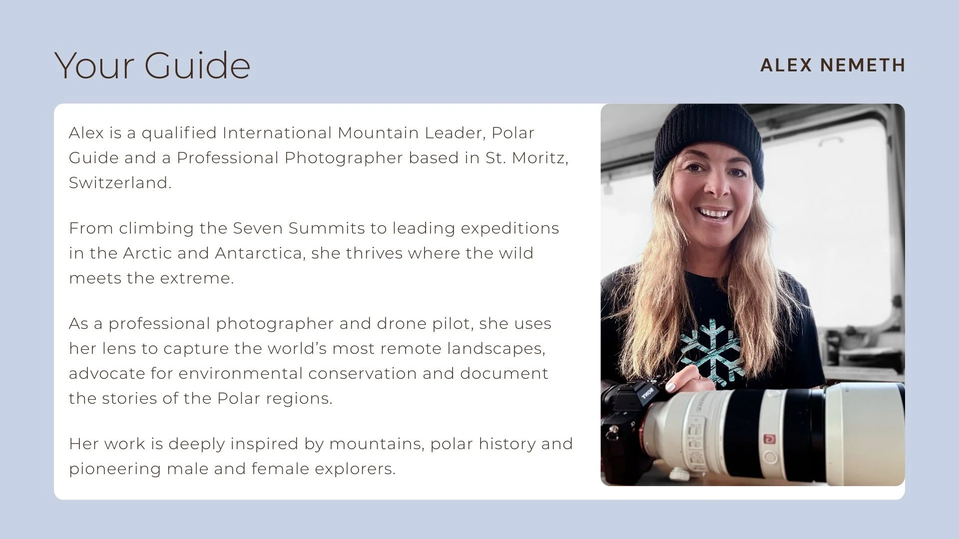 Svalbard Arctic Flyer page 10 with The Guide - Alex biography as a photographer and polar guide.