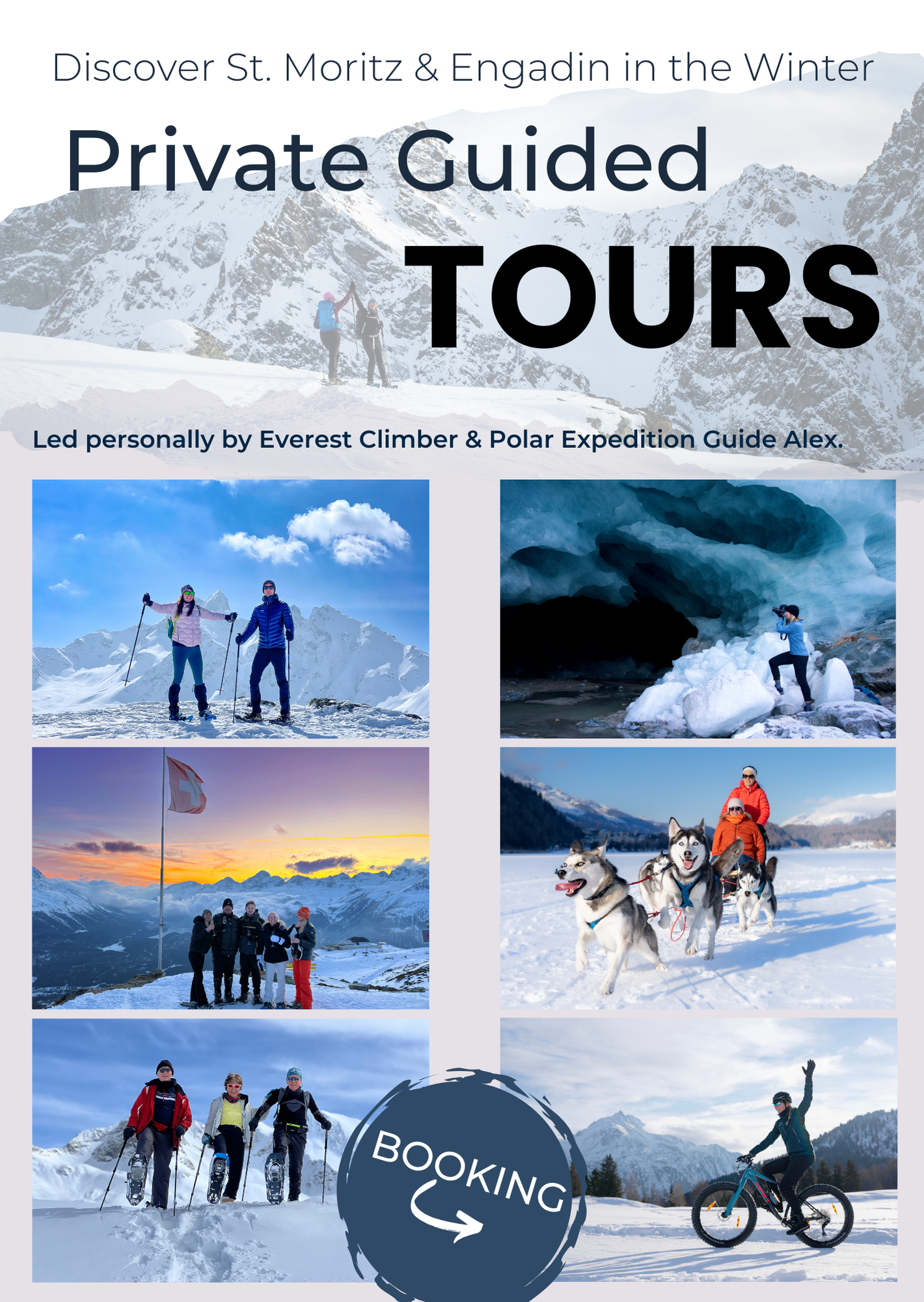 Private guided winter tours in St Moritz 2026 snowshoe tours, ice cave tour, sunset and snowshoeing with huskies in St. Moritz in the Swiss Alps