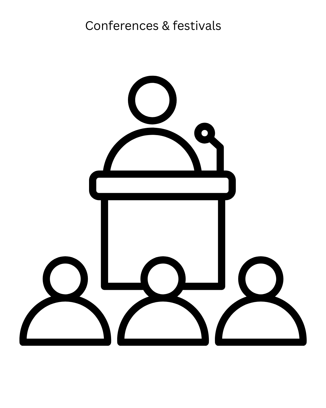 Line drawing of a person speaking at a podium with three audience members listening. This symbol represents the speaker engagements for outdoor communities Alex offers.
