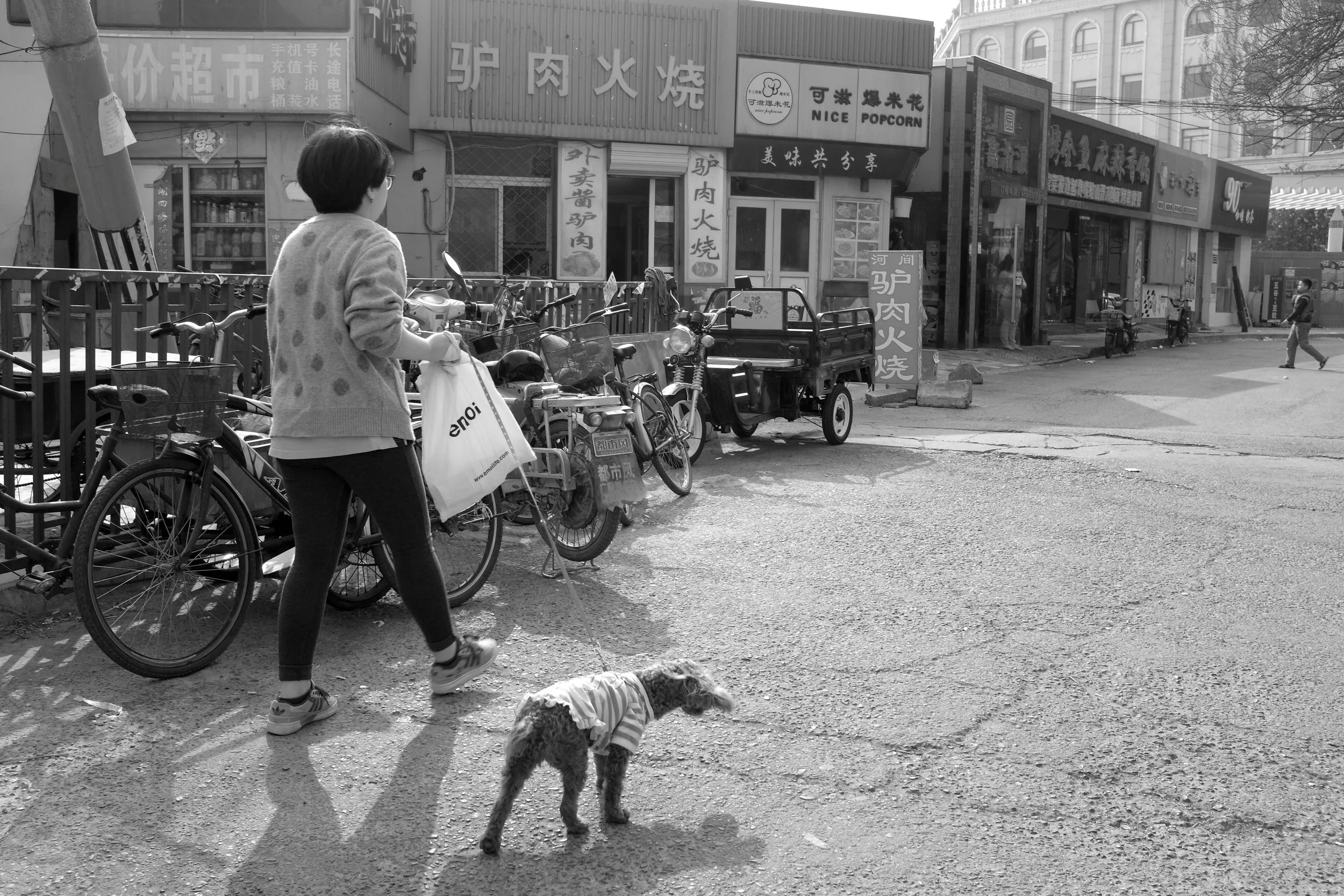 Alltägliche Straßenszene in Peking: Eine Frau geht mit ihrem Hund an lokalen Geschäften vorbei. Die Schwarz-Weiß-Aufnahme fängt die Textur des Asphalts und die authentische Atmosphäre der Stadt ein. Fokus auf den ungestellten Augenblick durch pvre u.