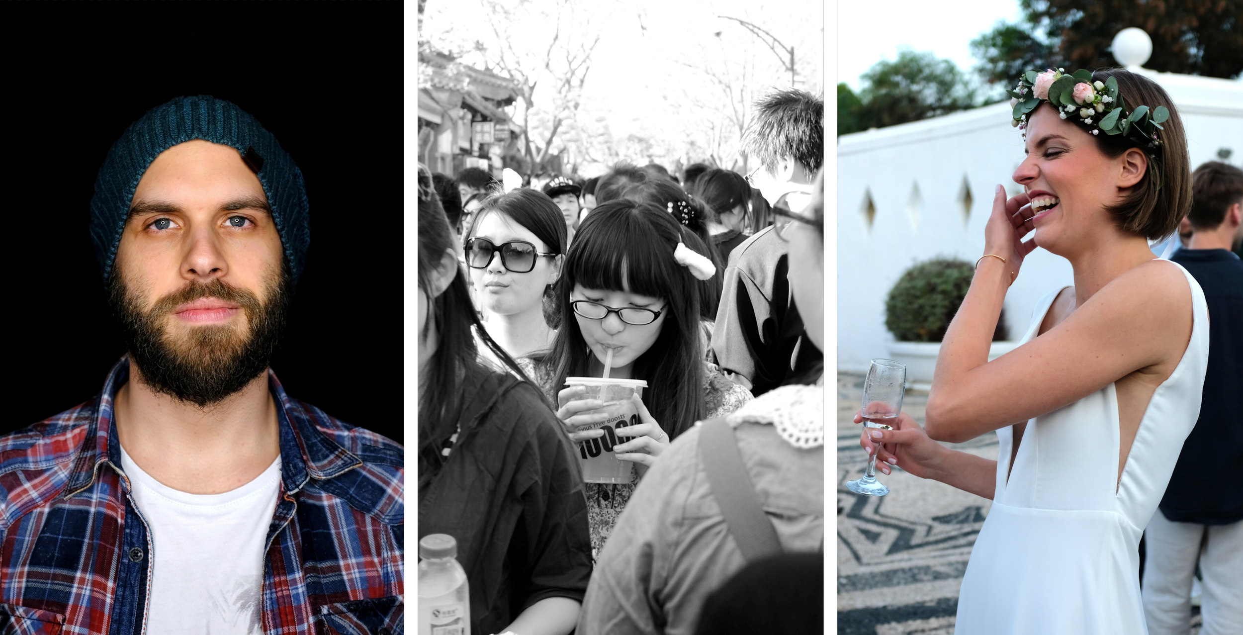 Drei Fotos nebeneinander: Erstens ein Mann mit Bart, blauen Augen und einem blauen Wollhut, trägt ein kariertes Hemd. Zweitens eine schwarze und weiße Fotografie einer Menschenmenge bei einem Festival oder Event, mit einer jungen Frau, die einen Drink mit Strohhalm trinkt. Drittens eine lachende Frau in einem weißen Kleid mit einem Blumenkranz am Kopf bei einer Outdoor-Feier, hält ein Glas Champagner.