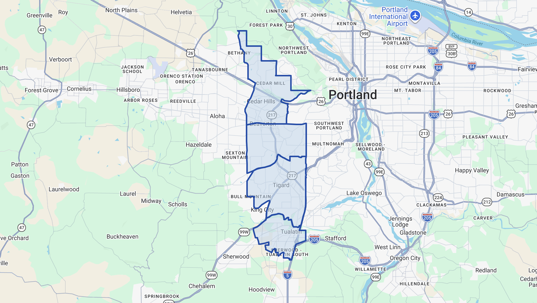 Map of 217 Corridor Westside industrial submarket—Beaverton, Tigard, and Tualatin flex space