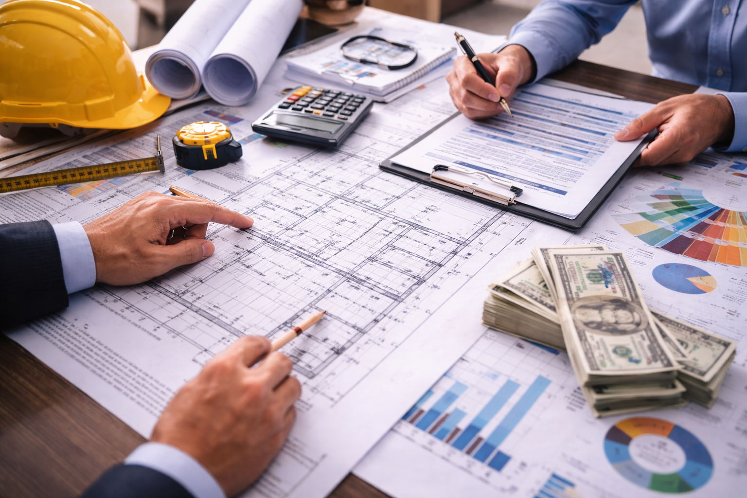 Commercial real estate tenant improvement planning with blueprints, calculator, and budget documents for office build-out and TI allowance analysis.