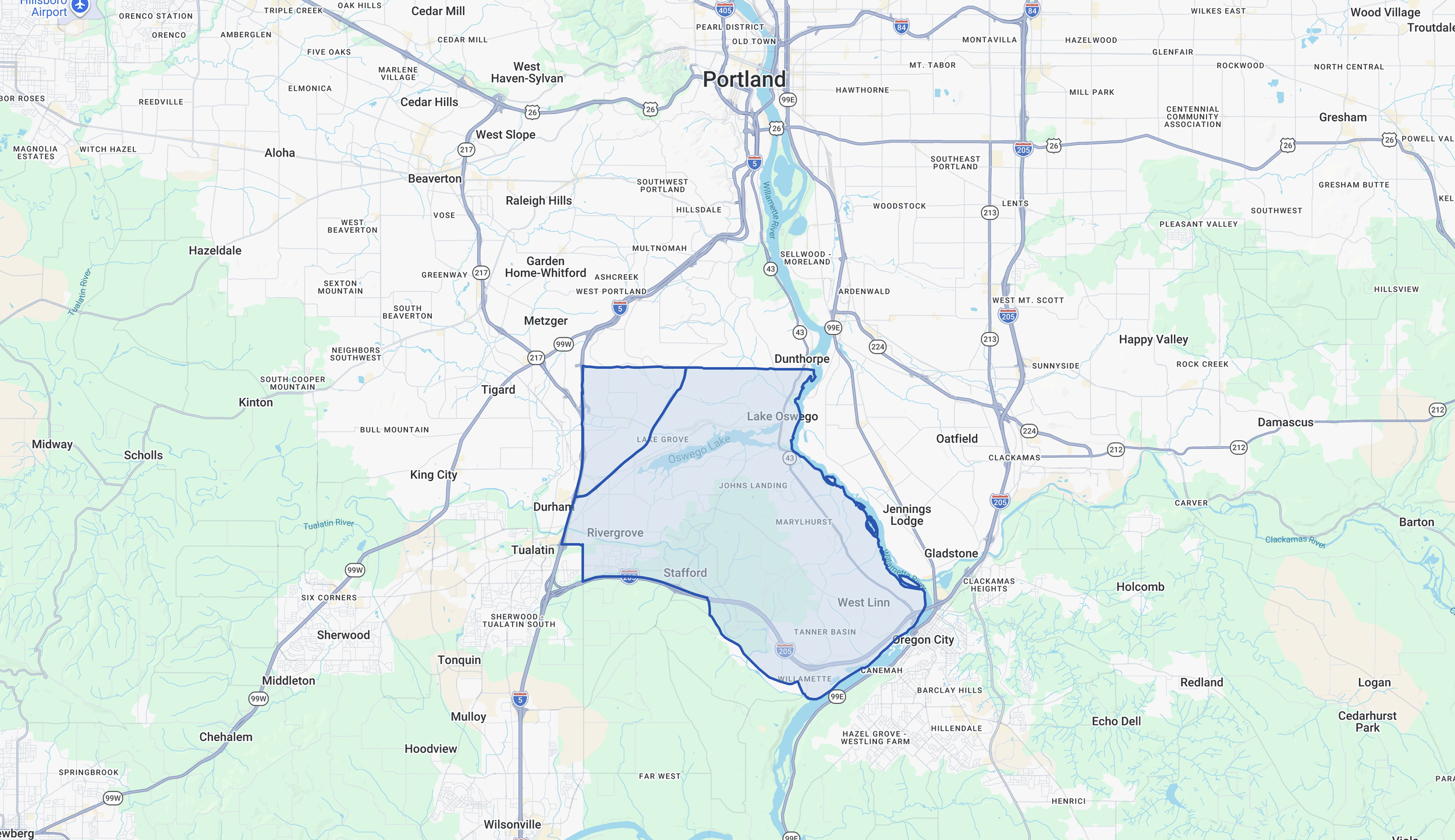 Map of Lake Oswego and Kruse Way office submarket