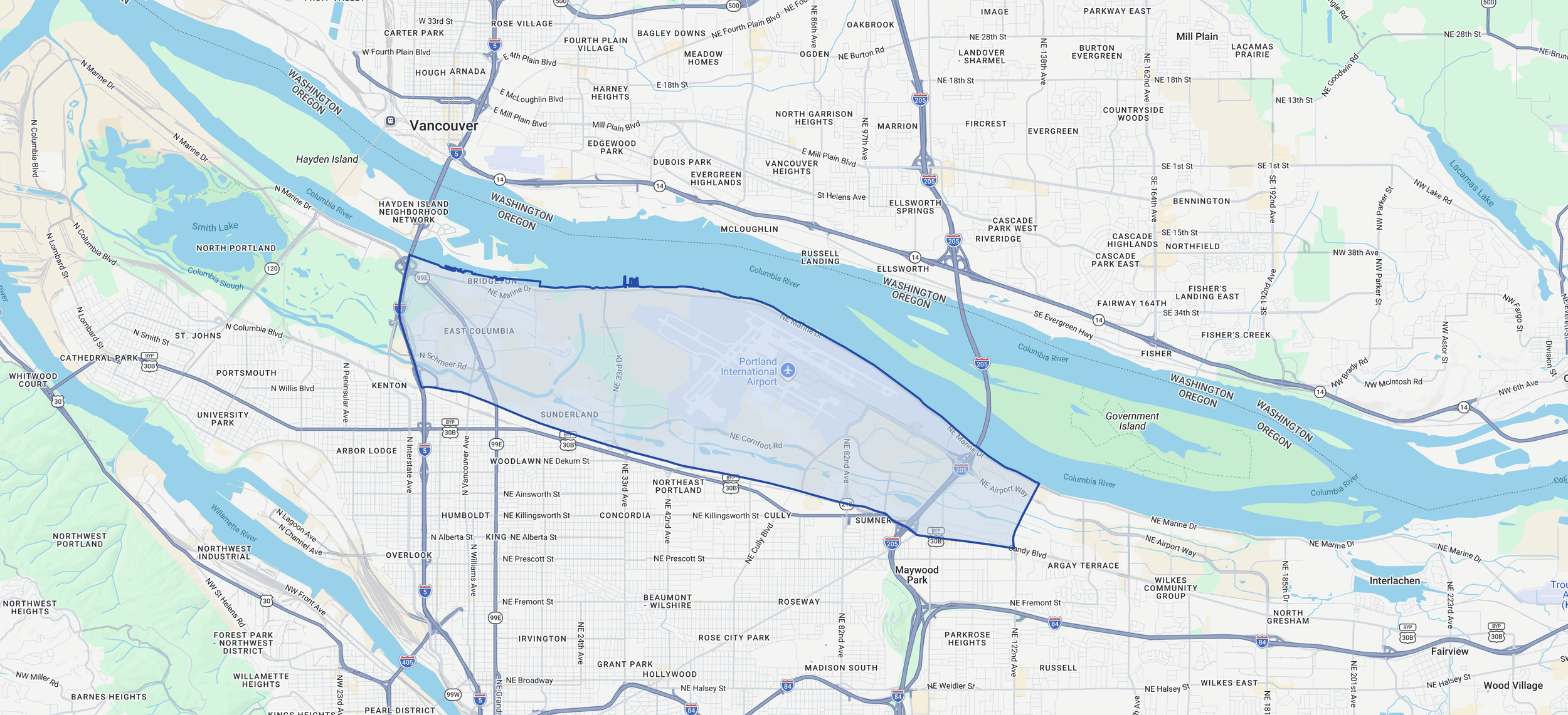 Map of Airport Way & Columbia Corridor industrial submarket near PDX with I-84 and I-205 access