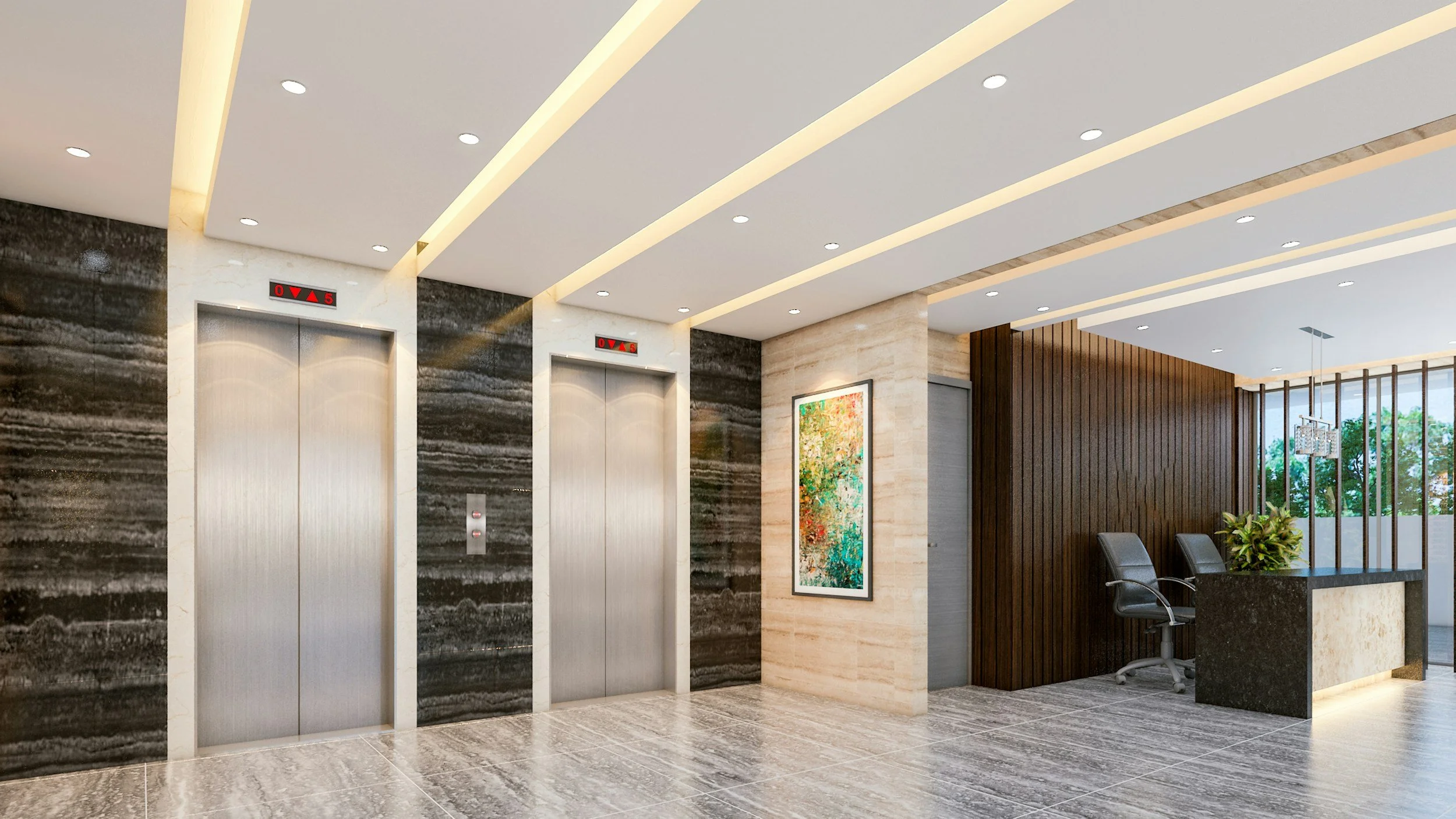 Modern office building elevator lobby with marble finishes