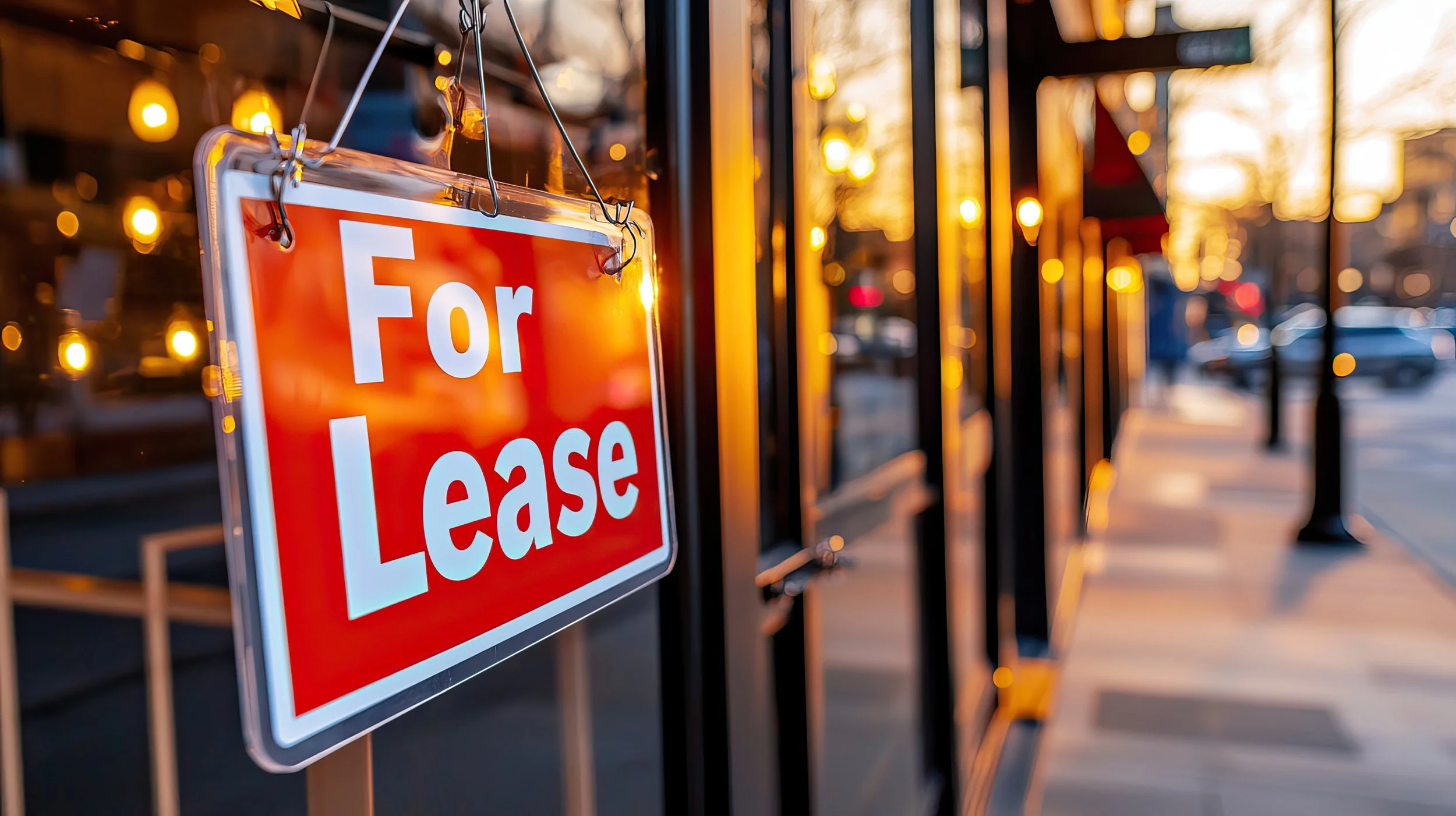 For Lease sign hanging in the retail storefront window in Portland, OR