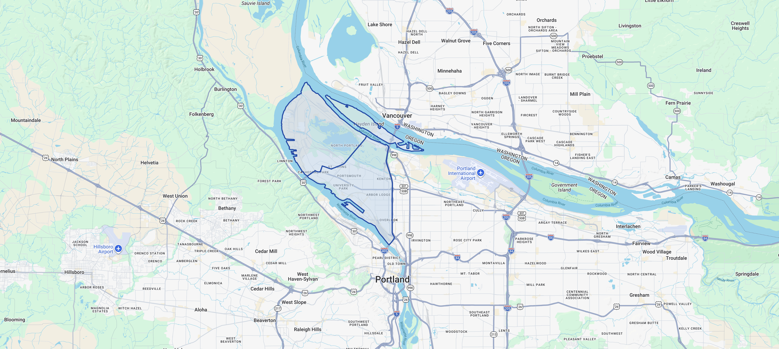 Map of Swan Island & Rivergate close-in Portland industrial submarket along the river