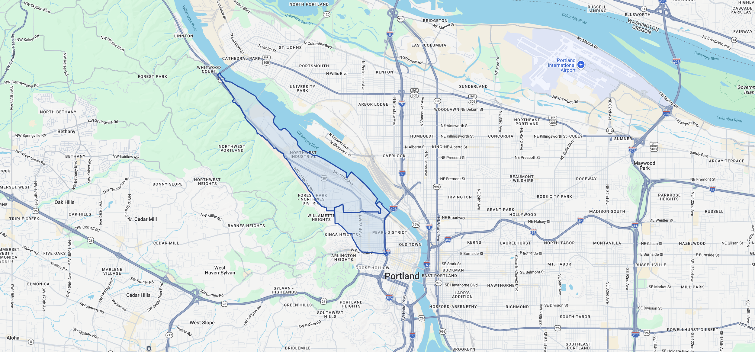 Map of NW Portland & Guilds Lake industrial submarket with Hwy 30 connectivity