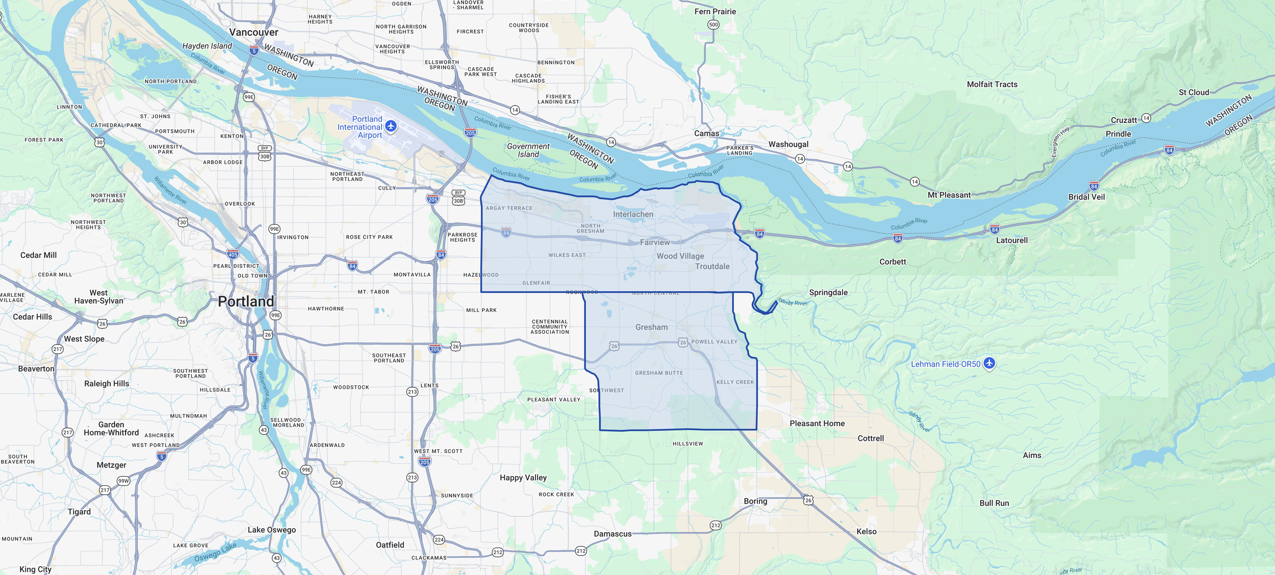 Map of Gresham & East Columbia Corridor industrial submarket—value warehouse and distribution options